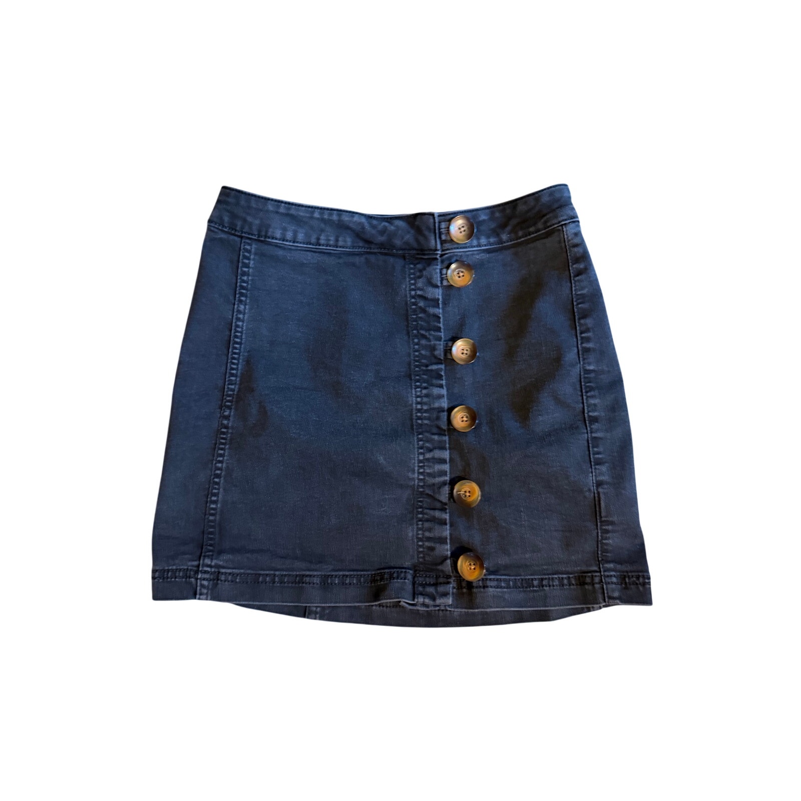 Free People "Little Daisies" 6 Preppy Button-Front Faded Black Denim Mini Skirt